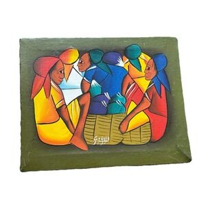 Haitian Artist Gerald  8x10" Oil on Canvas Signed Original 70's Females Colorful